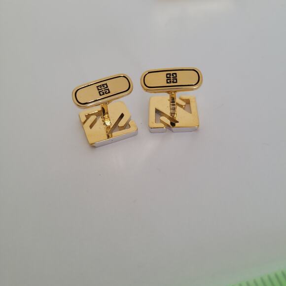 Givenchy G French Tie Bar Clip Cufflinks Set Gold Silver Tone Logo Geometric - Picture 5 of 8